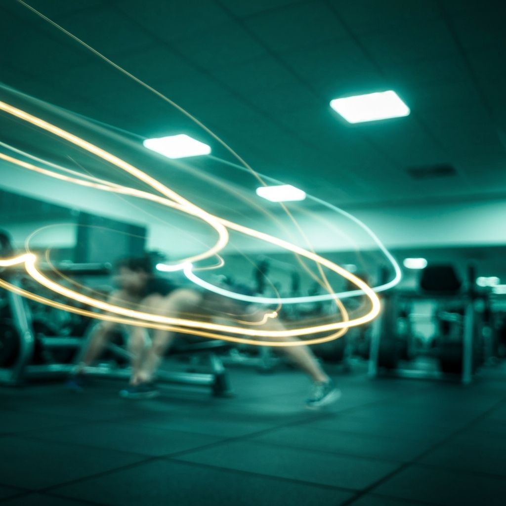 Abstract dynamic representation of physical movement with blurred motion and geometric light effects, suggesting active lifestyle and motion energy