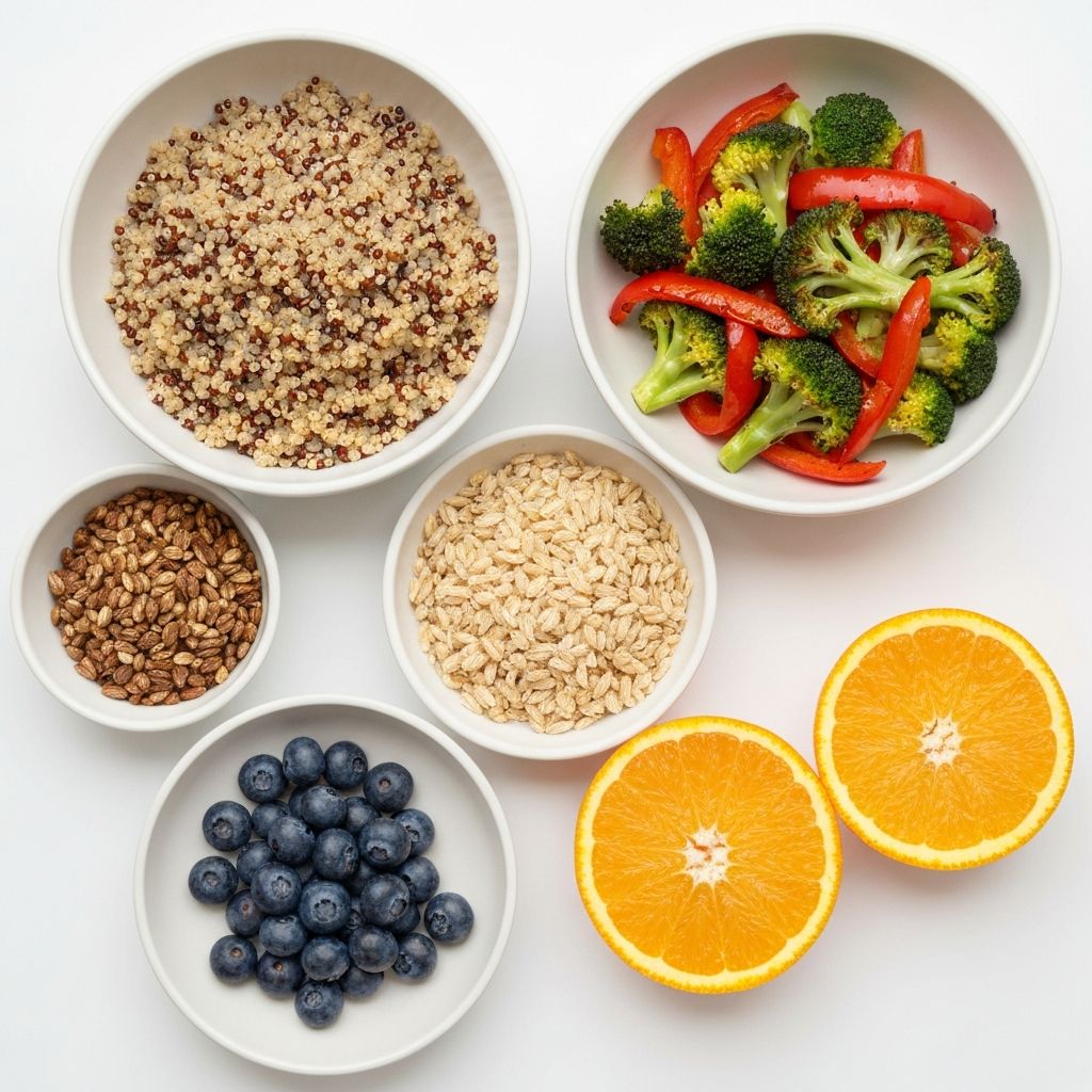 Overhead view of professionally arranged healthy meals with balanced portions of vegetables, proteins, and whole grains on neutral backdrop
