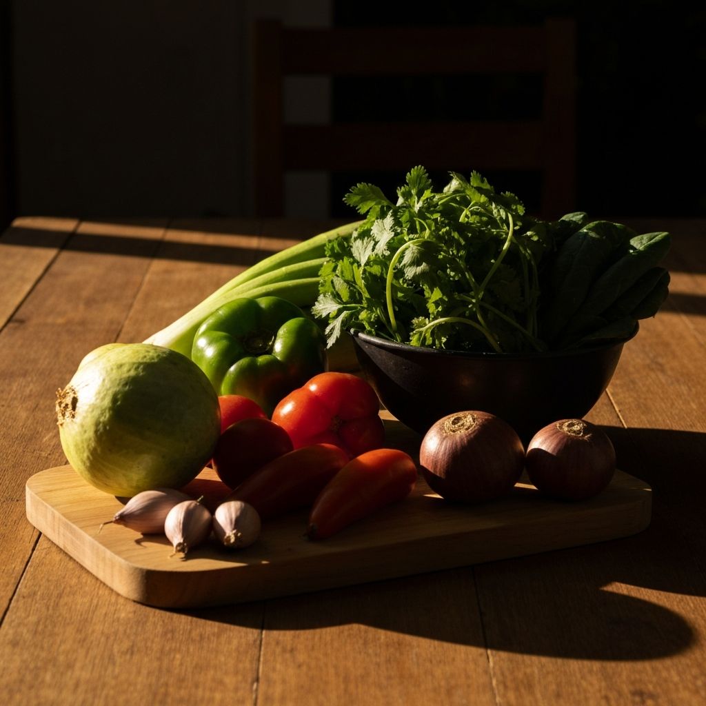 Artistic composition of fresh produce and ingredients on wooden surface with natural lighting, emphasizing wholesome food preparation atmosphere